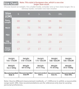 Detailed size chart for men's running pants with height and weight recommendations
