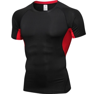 Men's PRO compression running shirt with breathable quick-dry fabric and red side panels