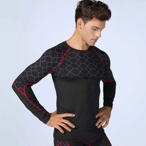 Men's high-stretch compression shirt with grey honeycomb print and red seam detailing
