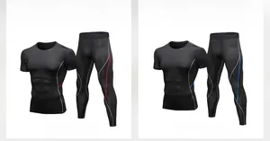 Detail view of compression set with short sleeve t-shirt and tights in black and red