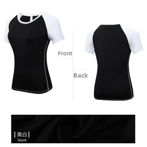Detailed views of raglan sleeve yoga t-shirt showing front, back, and breathable fabric texture