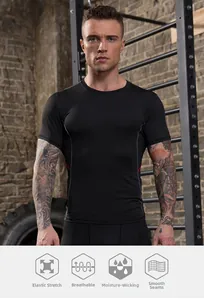 Close-up of men's compression T-shirt with breathable fabric and red stitching detail