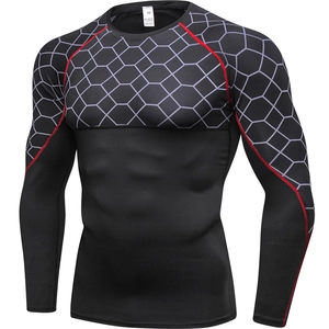 Men's compression long sleeve sports shirt with honeycomb print and red stitching