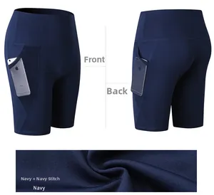 Tre viste dei pantaloncini da yoga blu navy a vita alta con tasche laterali