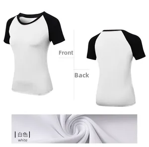 Detail view of quick-dry yoga T-shirt showing white body and black raglan sleeves