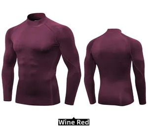 Front and back view of men's wine red compression long sleeve athletic mock neck shirt
