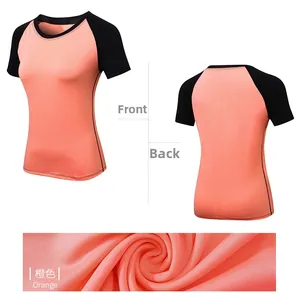 Detail view of orange and black raglan sleeve fitness t-shirt with breathable fabric texture