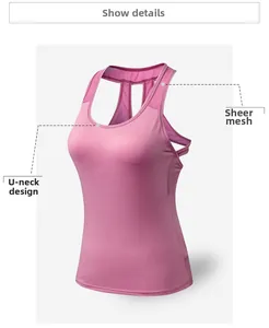 Dettaglio del gilet da yoga rosa con scollo a U e inserti in rete traspirante