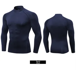 Front and back views of navy blue compression long sleeve tee with reinforced flat seams