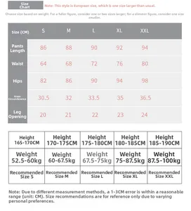 Detailed size chart for men's compression pants including European sizing and measurements