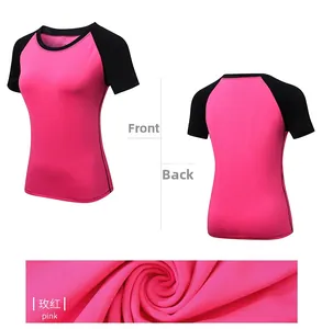 Front and back views of tight pink sports t-shirt with black raglan sleeves and fabric texture