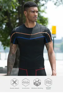 Detail of men's athletic compression tee showing flat seams and moisture wicking fabric