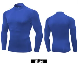 Detail of blue compression sports shirt showing high-stretch fabric and raglan sleeves