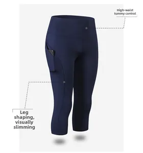 Dettaglio dei leggings da yoga a vita alta con tasca laterale blu scuro per effetto snellente