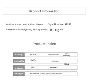 Size chart showing 85% polyester 15% spandex high elasticity and breathable fabric specs