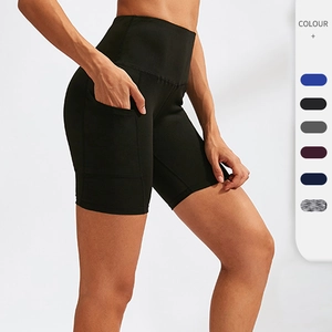 Women High Waist Yoga Shorts With Side Pockets Athletic Running Biker Workout Gym Compression Sports Bottoms Polyester Spandex