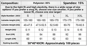 Size chart for women's yoga shirt showing dimensions and polyester spandex fabric mix