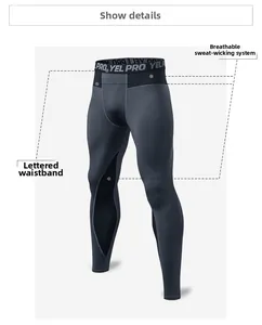 Detail view of men's compression leggings with elastic logo waistband and breathable fabric