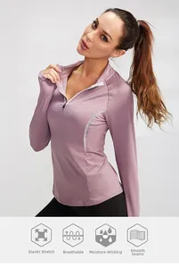 Detail of high-stretch fabric with breathable flat seams on pink sports jacket