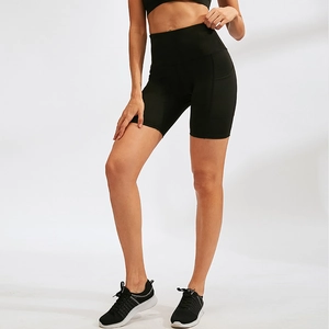 Women's high-waisted black yoga shorts with side pockets for fitness and running gym