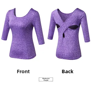 Détail vue avant et arrière du haut de yoga violet avec dos ouvert croisé respirant