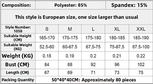 Detailed size chart for men's compression long sleeve top with weight and fabric guide