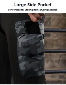 Detail der grauen Camo-Seitentasche an Kompressionshosen mit praktischer Handy-Ablage