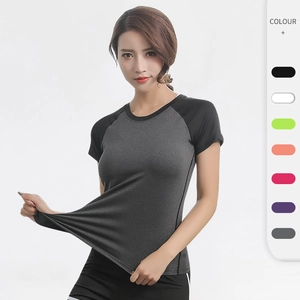 Women Quick-dry Yoga T-Shirt Slim Fit Raglan Sleeve Color-block Round Neck Athletic Top For Fitness Running Gym