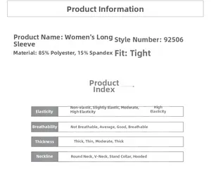 Detailed size chart for women's slim-fit long sleeve sports top with 85% polyester fabric