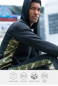 Detail of men's camouflage hoodie featuring breathable fabric and flatlock seams