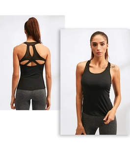 Vista fronte e retro della canotta yoga nera con rete traspirante e dettagli cut-out