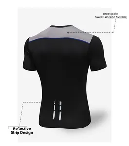 Men's athletic shirt back view showing breathable mesh panels and reflective safety strips