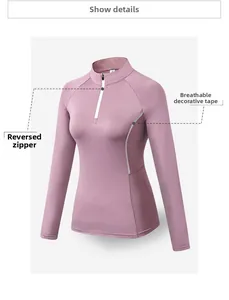 Detail view of pink sports top featuring a stand collar with inverted zipper and breathable tape
