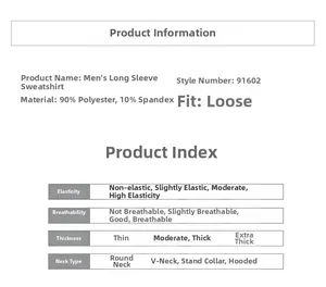 Detailed size and fabric specifications chart for camouflage men's hooded sweatshirt