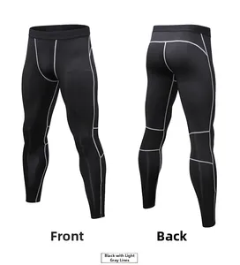 Front and back view of men's athletic leggings with contrast gray stitching and ergonomic seams
