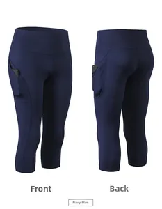 Vista dettagliata fronte e retro dei leggings yoga capri blu navy a vita alta con tasche.