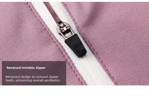 Detailed macro view of the inverted invisible zipper on purple athletic yoga wear