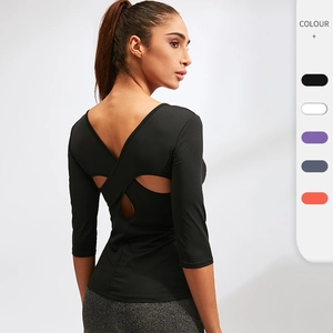 Haut de Yoga à Séchage Rapide pour Femme Dos Croisé T-shirt de Fitness Manches 3/4 Sport Gym Course