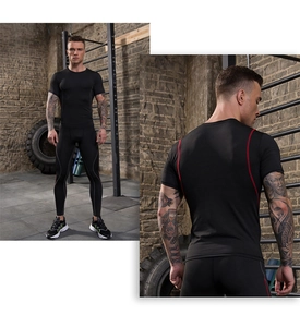 Close-up of men's compression suit featuring red stripes and breathable fabric details