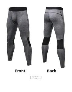 Front and back view of light gray men's sports tights with breathable mesh panels