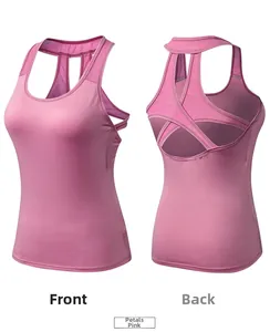 Vista anteriore e posteriore del top da yoga rosa petalo con retro in mesh traforato