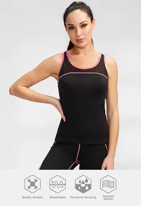Detail of yoga vest featuring pink contrast seams and breathable black mesh paneling