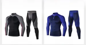 Two sets of men's compression suits featuring long-sleeve tops and leggings for running