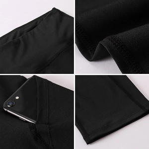 Dettaglio dei leggings da yoga a vita alta con tasche laterali e cuciture di precisione