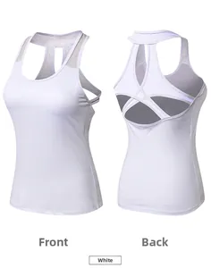 Vista anteriore e posteriore del top yoga bianco con mesh e spalline incrociate
