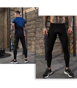 Detail der Herren-Kompressionshose in Schwarz mit Camo-Seitentasche im Fitnessstudio