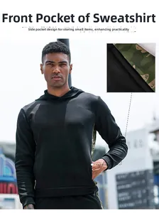 Detail of men's black hoodie featuring camouflage side panels and functional side pockets