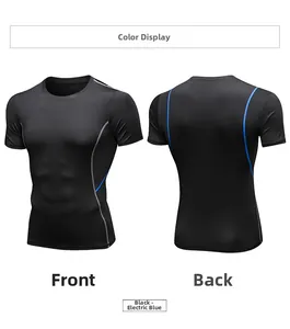 Front and back view of men's black compression shirt with blue side stream detail