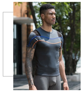 Close-up of men's quick-dry sports set with blue wave lines and mesh stitching details