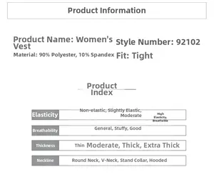 Detailed size chart for the slim fit breathable yoga vest with high elastic fabric